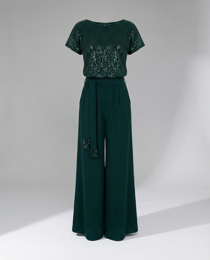 Women's Sequin Wide Leg Jumpsuit with Waist Tie