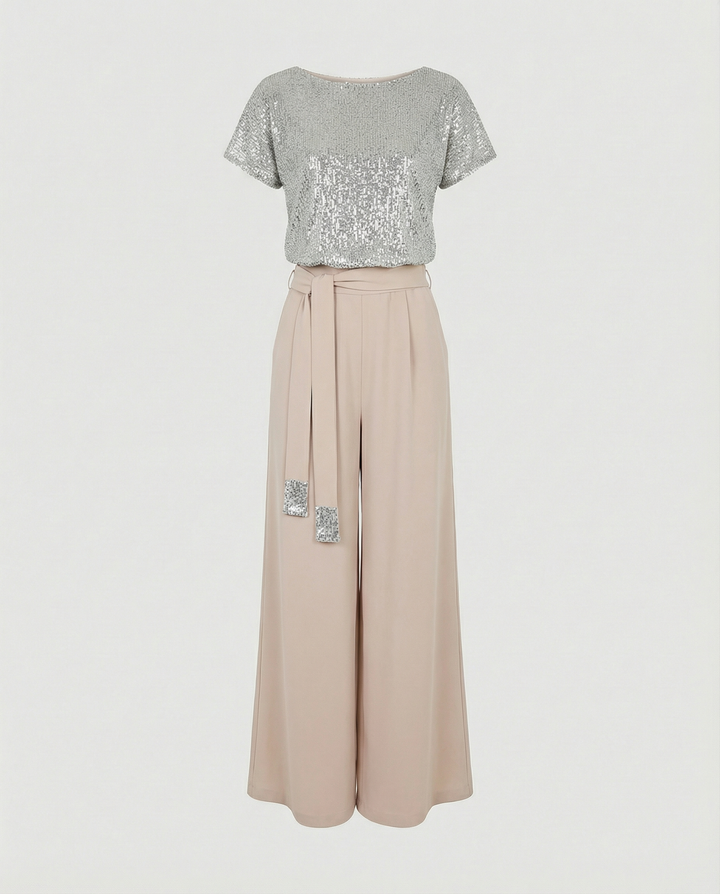 Women's Sequin Wide Leg Jumpsuit with Waist Tie