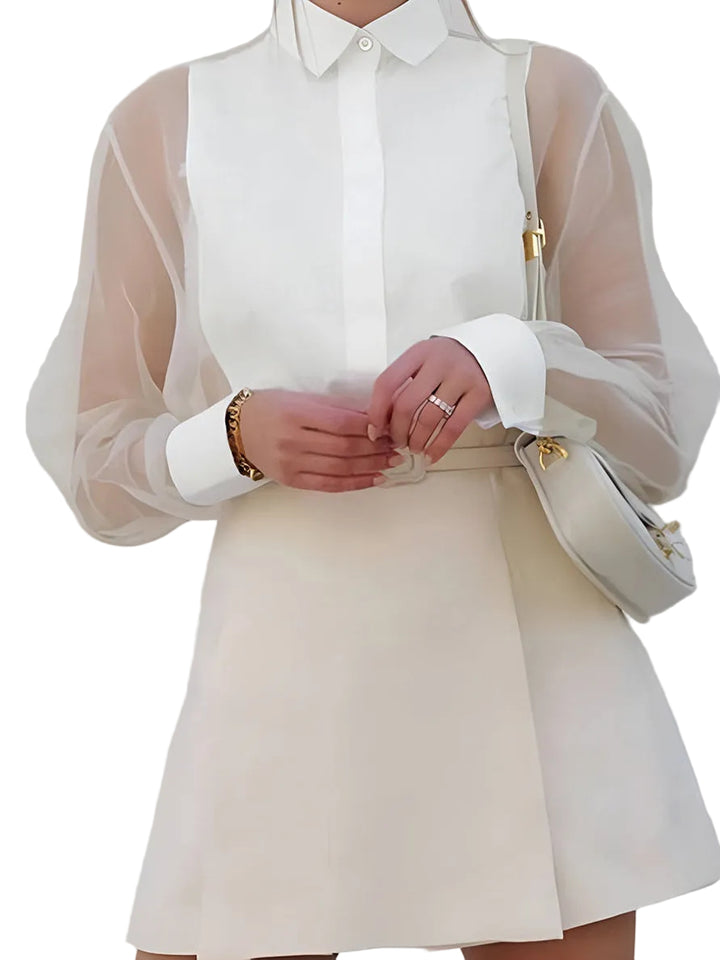 Women's Sheer Long Sleeve Blouse with Collar and Button Front