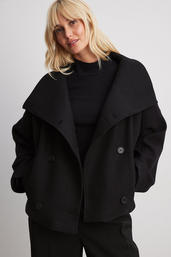 Women's Short Coat with Wide Folded Collar and Double-Button Front