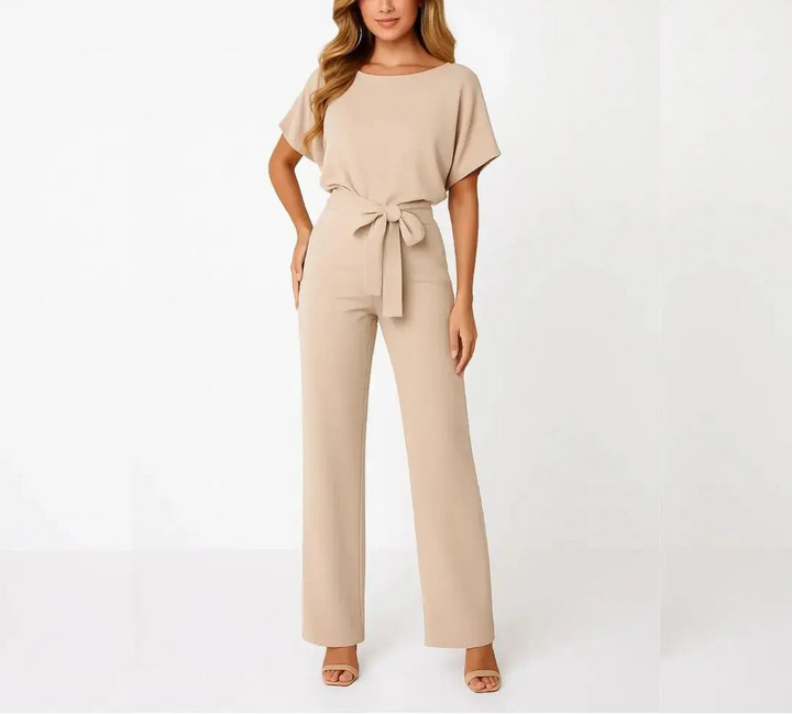 Women's Short Sleeve Belted Wide Leg Jumpsuit