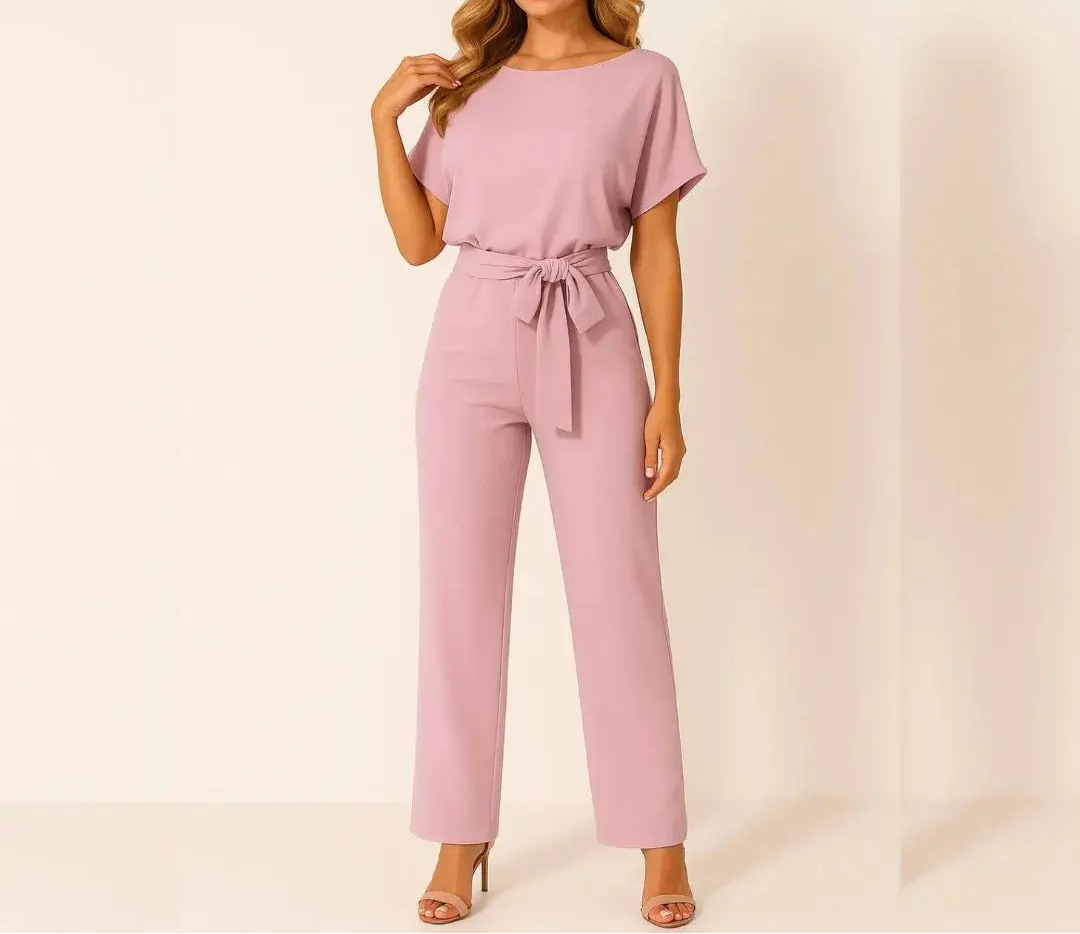 Women's Short Sleeve Belted Wide Leg Jumpsuit