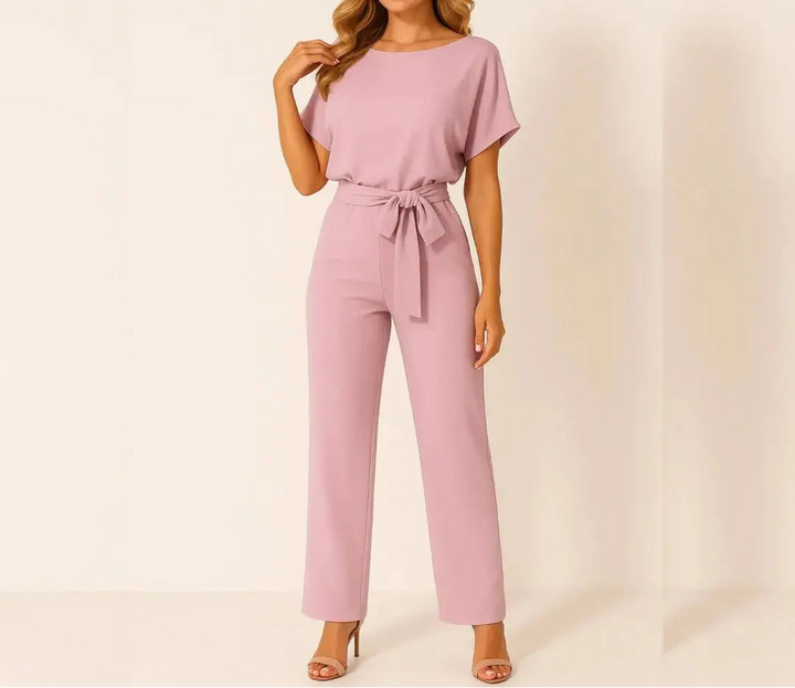 Women's Short Sleeve Belted Wide Leg Jumpsuit