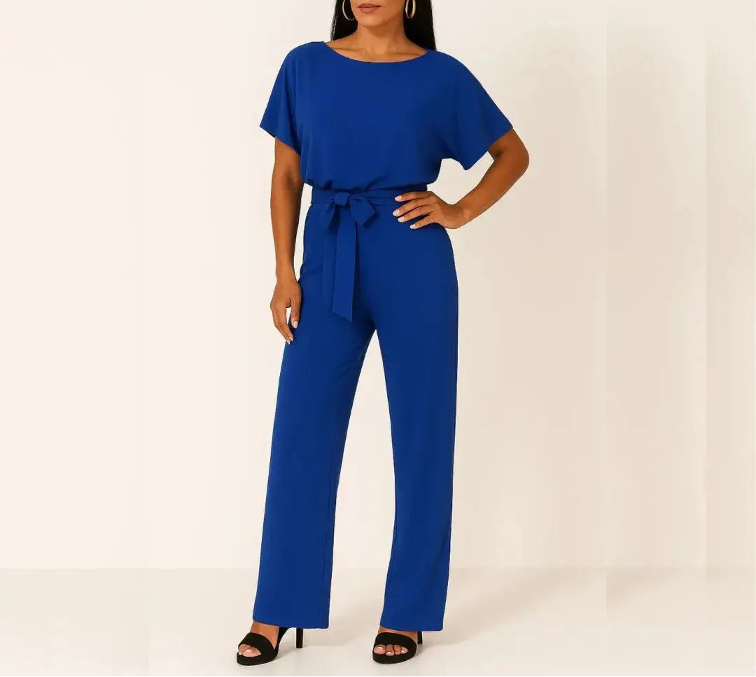 Women's Short Sleeve Belted Wide Leg Jumpsuit