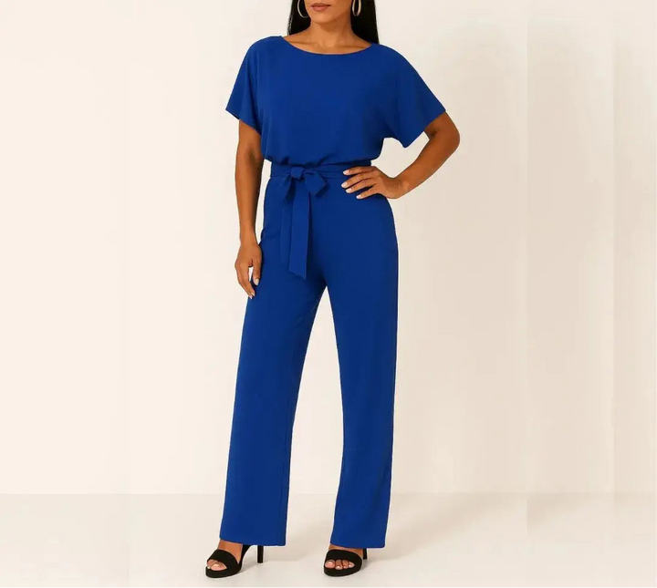 Women's Short Sleeve Belted Wide Leg Jumpsuit