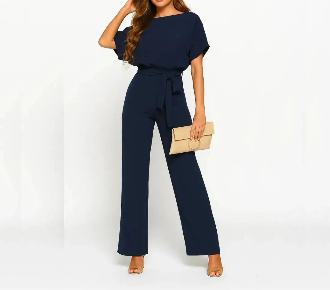 Women's Short Sleeve Belted Wide Leg Jumpsuit