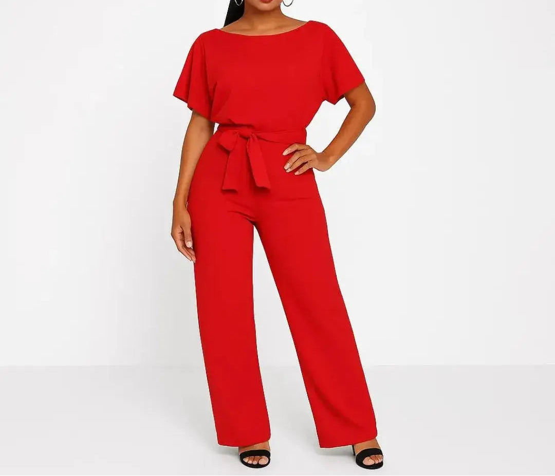 Women's Short Sleeve Belted Wide Leg Jumpsuit
