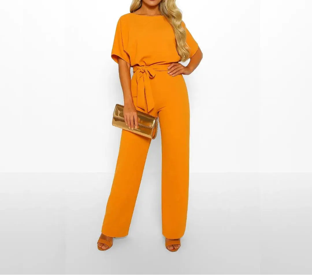 Women's Short Sleeve Belted Wide Leg Jumpsuit
