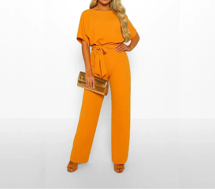 Women's Short Sleeve Belted Wide Leg Jumpsuit