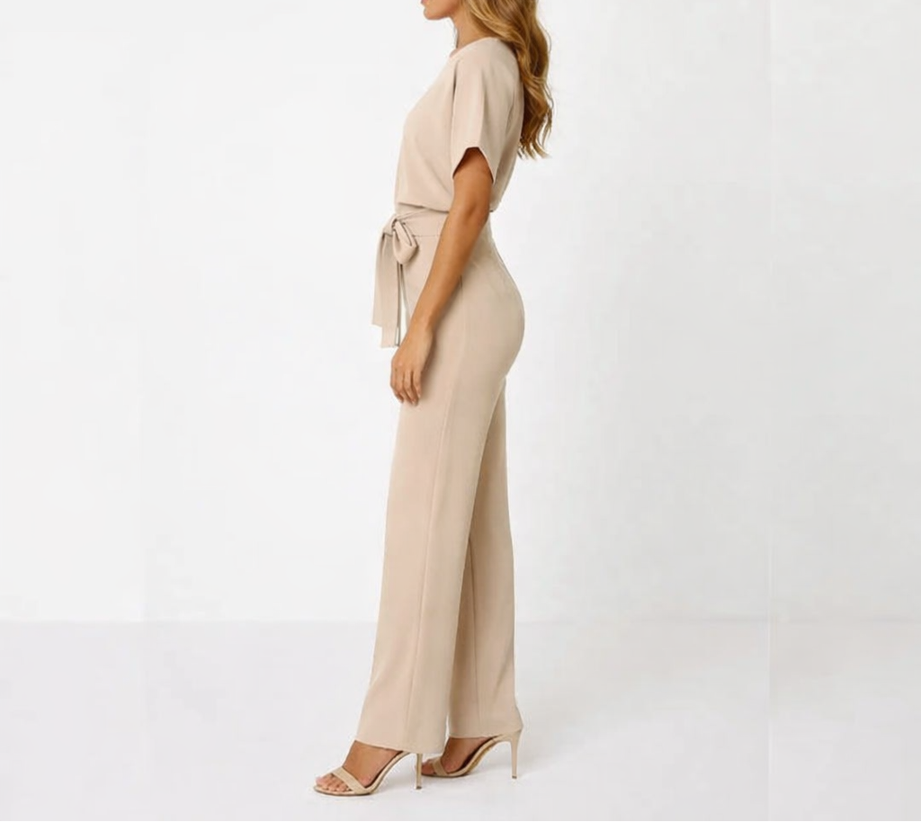 Women's Short Sleeve Belted Wide Leg Jumpsuit