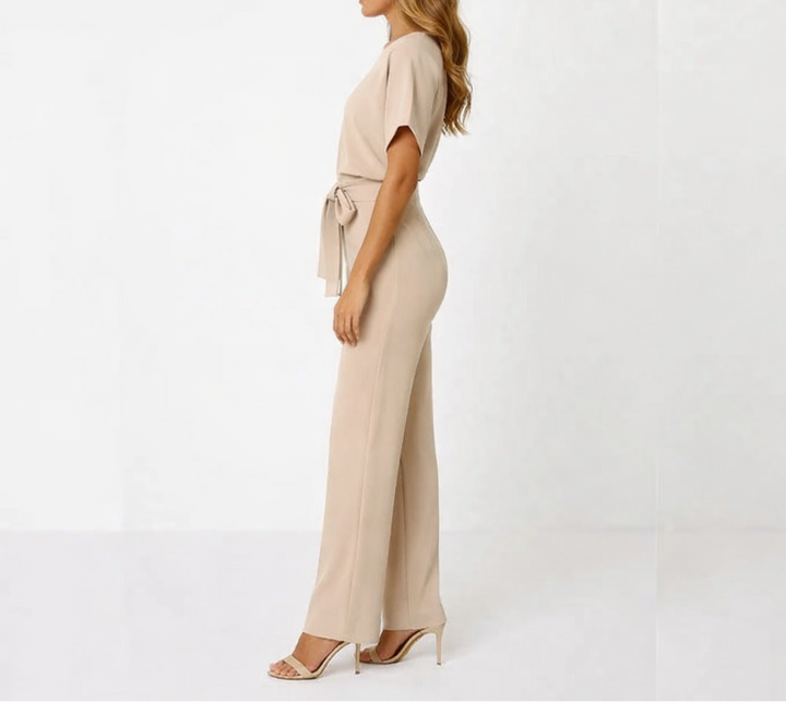 Women's Short Sleeve Belted Wide Leg Jumpsuit