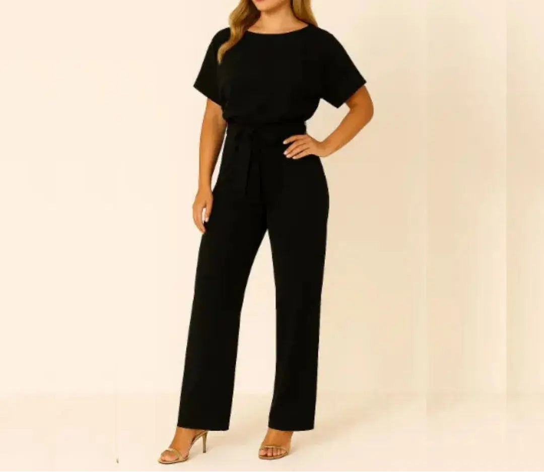 Women's Short Sleeve Belted Wide Leg Jumpsuit