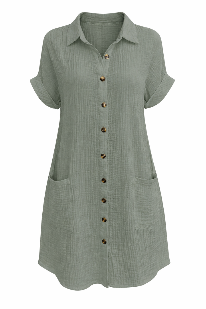 Women's Short Sleeve Button Front Shirt Dress with Pockets