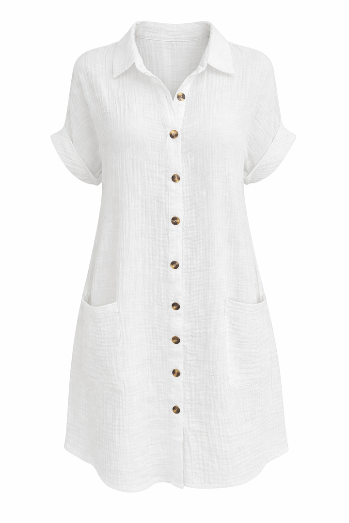 Women's Short Sleeve Button Front Shirt Dress with Pockets