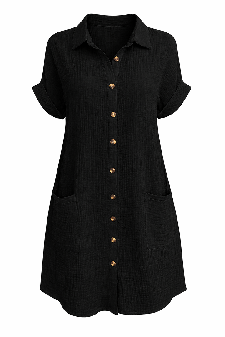 Women's Short Sleeve Button Front Shirt Dress with Pockets