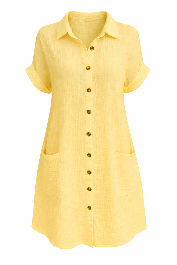 Women's Short Sleeve Button Front Shirt Dress with Pockets
