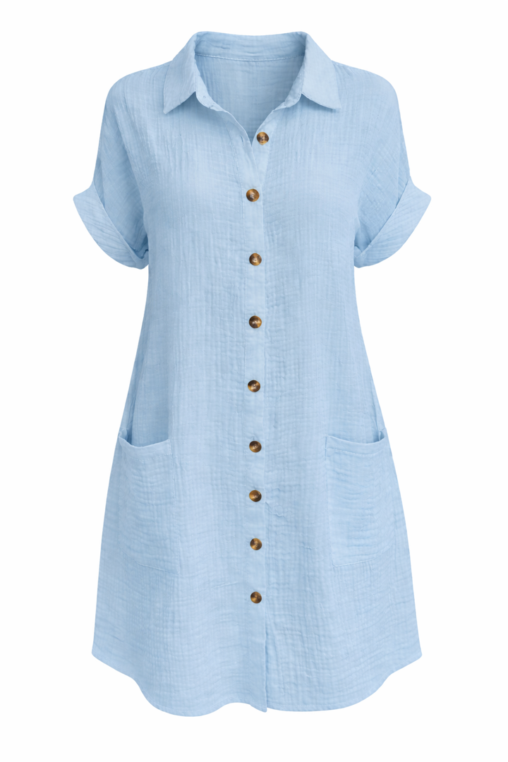 Women's Short Sleeve Button Front Shirt Dress with Pockets