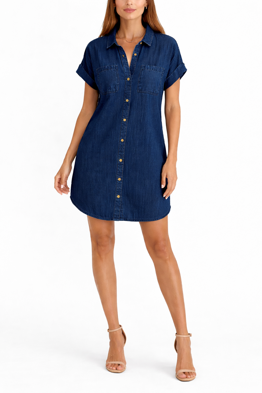 Women's Short Sleeve Collared Denim Shirt Dress with Chest Pockets