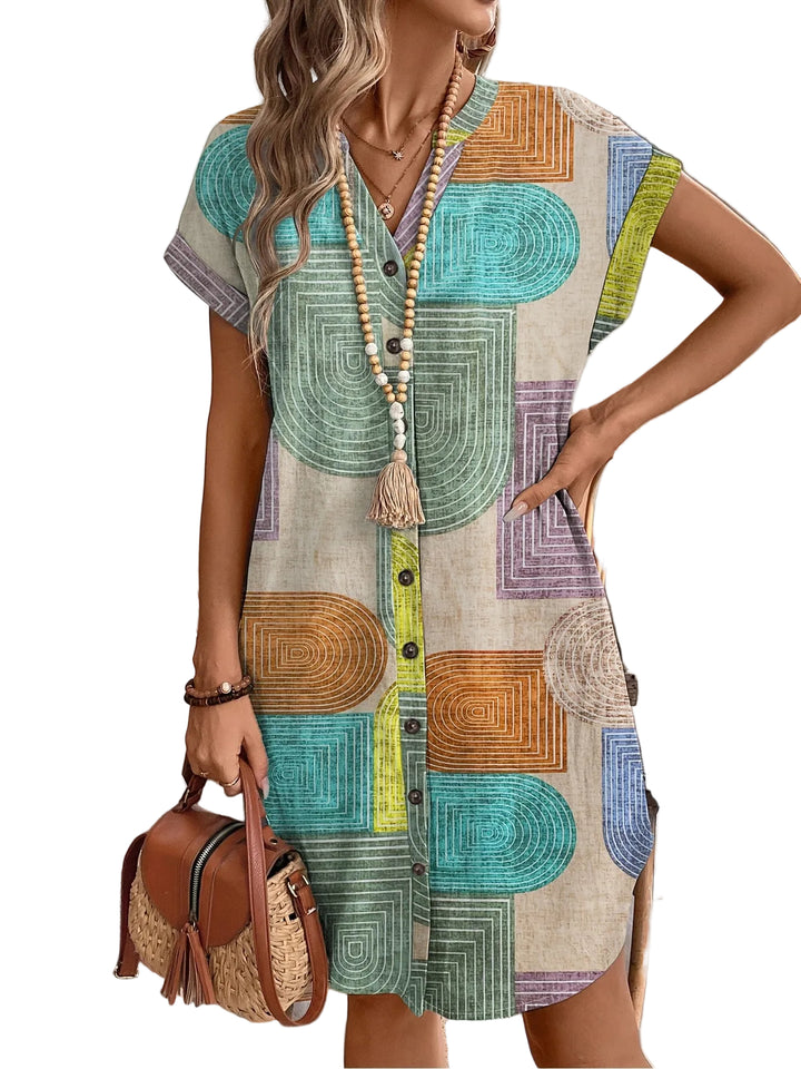 Women's Short Sleeve Geometric Print V-Neck Shirt Dress