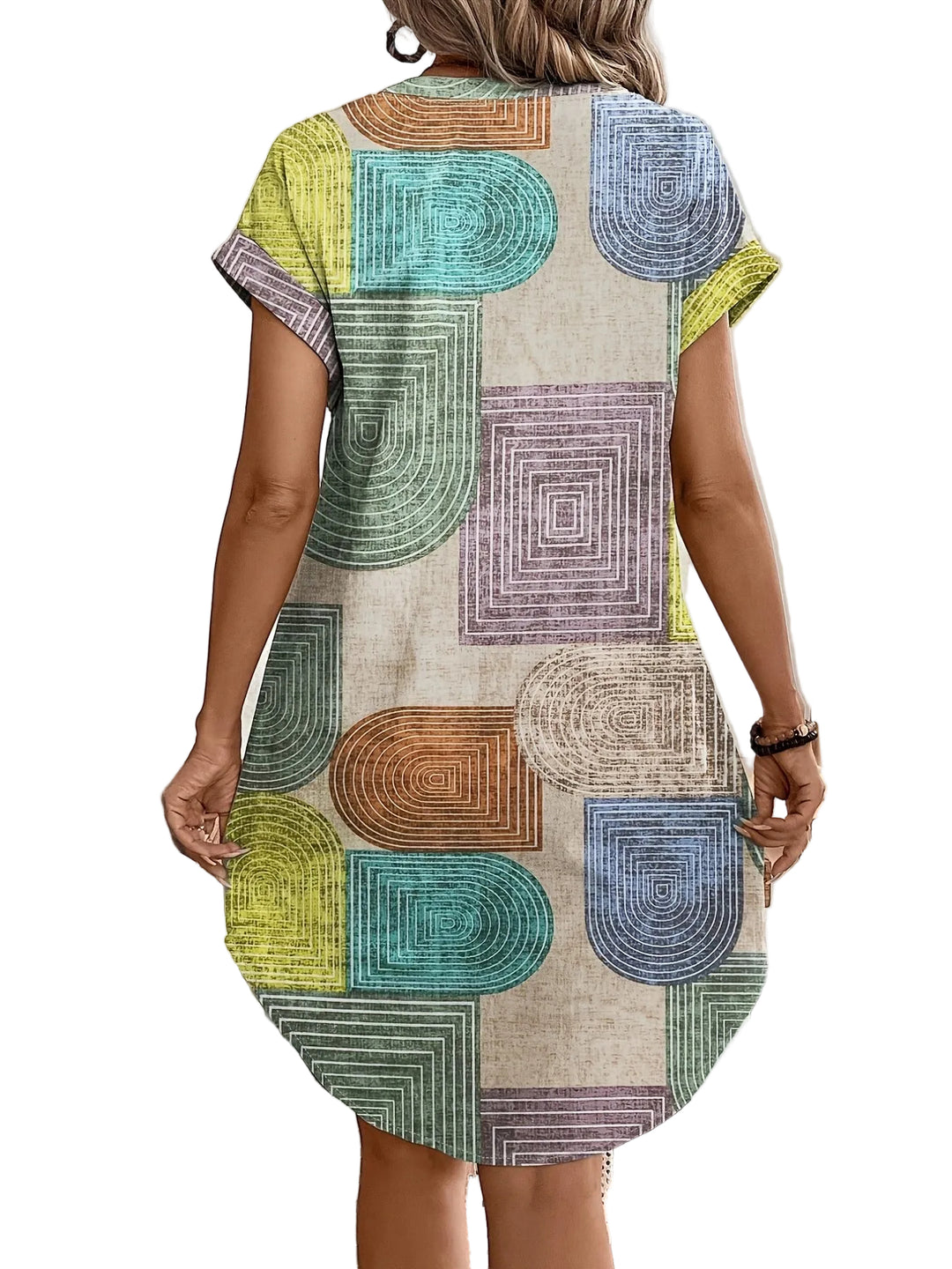 Women's Short Sleeve Geometric Print V-Neck Shirt Dress