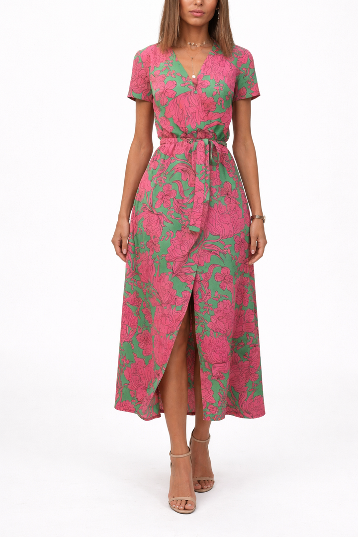 Women’s Short Sleeve Midi Dress Wrap Style with Front Slit