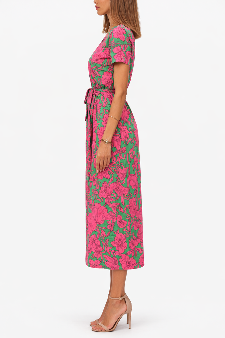 Women’s Short Sleeve Midi Dress Wrap Style with Front Slit