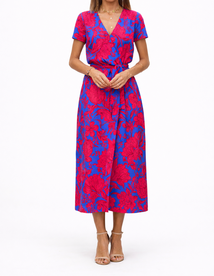 Women’s Short Sleeve Midi Dress Wrap Style with Front Slit
