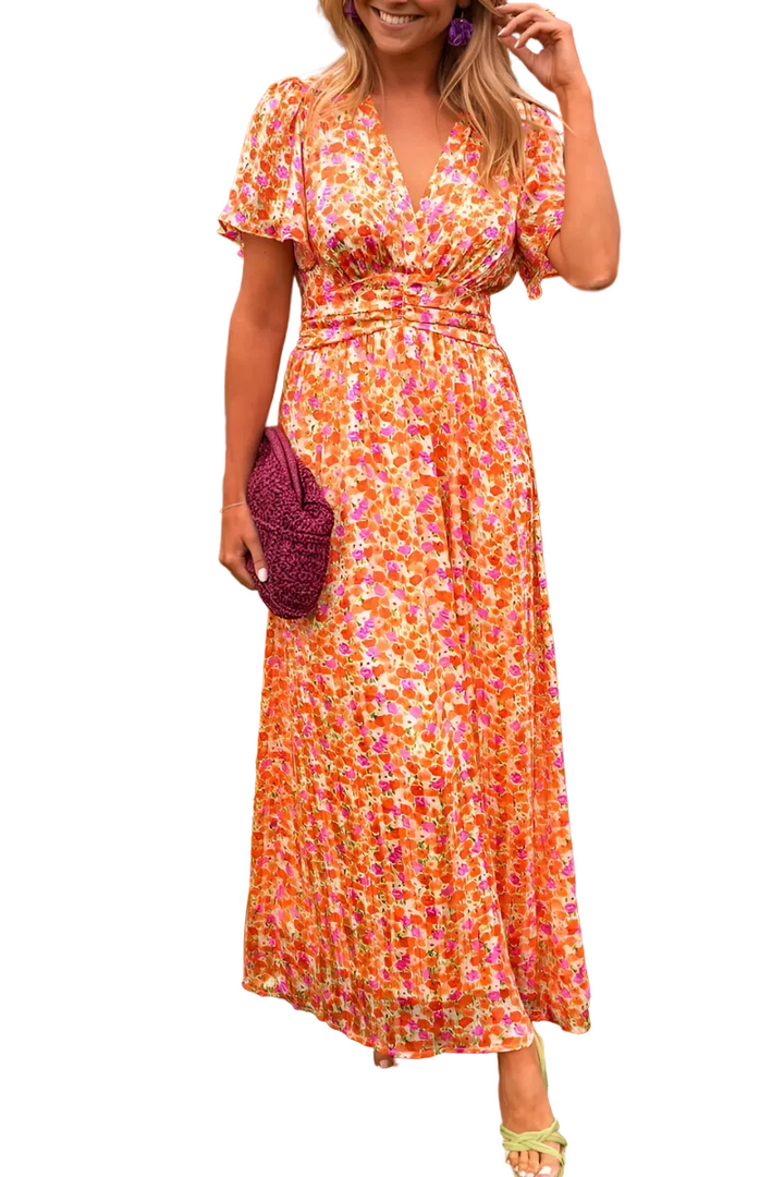 Women's Short Sleeve Printed Maxi Dress with V Neck and Elastic Waist