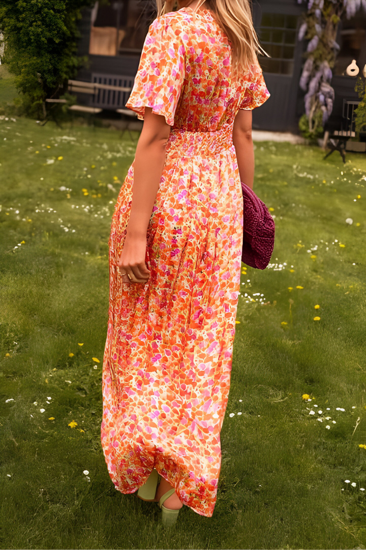 Women's Short Sleeve Printed Maxi Dress with V Neck and Elastic Waist