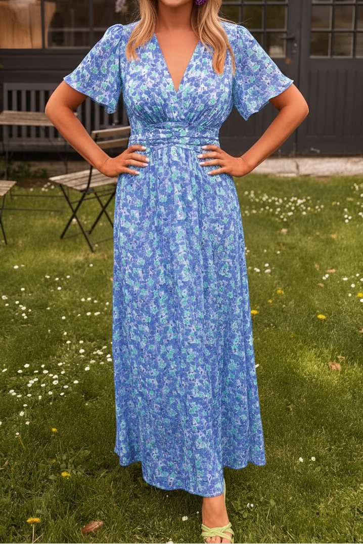 Women's Short Sleeve Printed Maxi Dress with V Neck and Elastic Waist