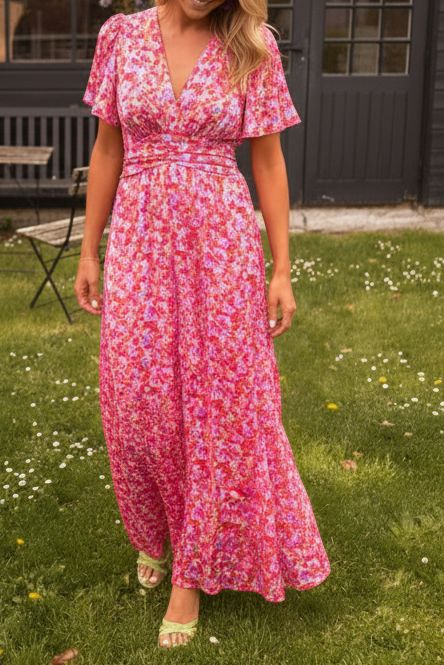 Women's Short Sleeve Printed Maxi Dress with V Neck and Elastic Waist
