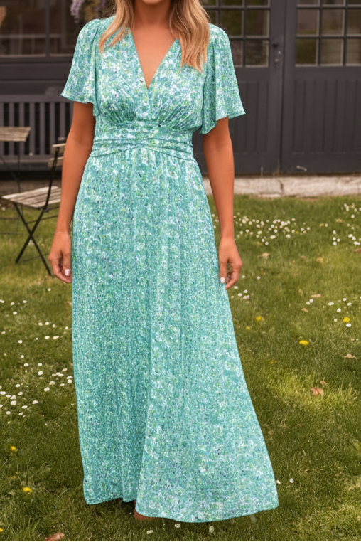 Women's Short Sleeve Printed Maxi Dress with V Neck and Elastic Waist
