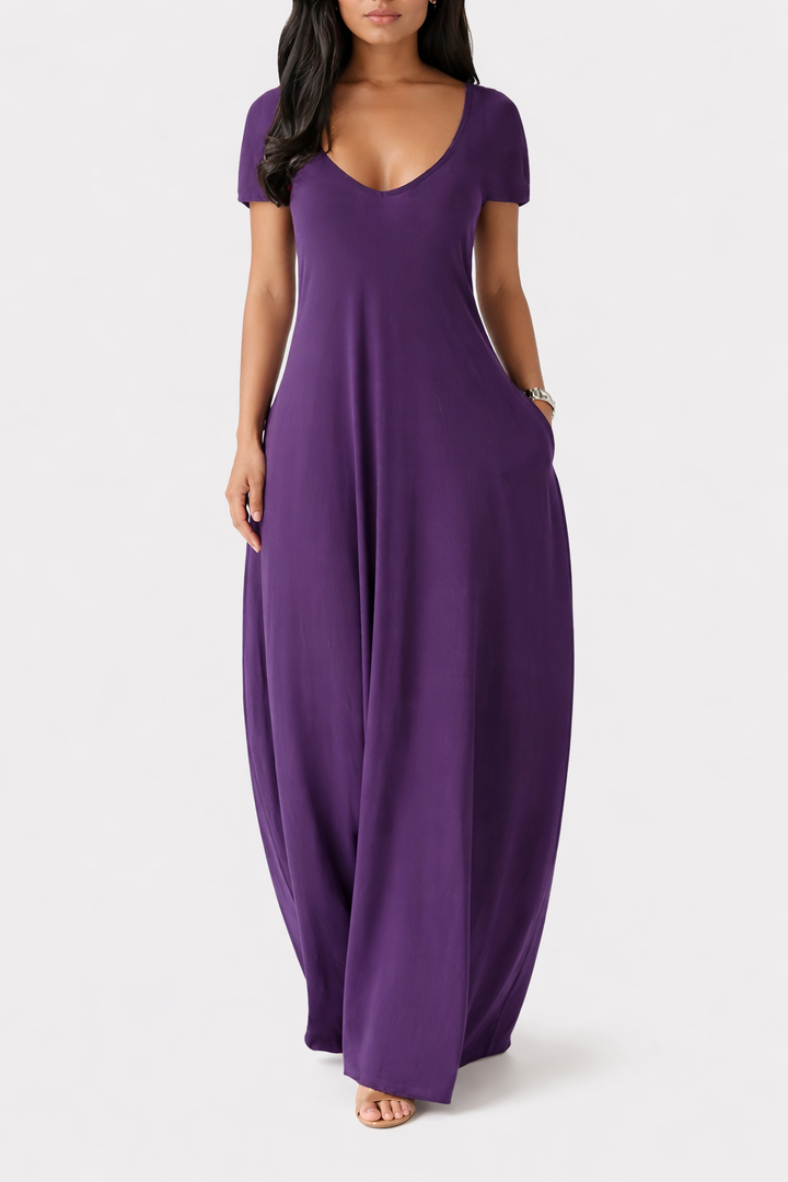 Women's Short Sleeve V Neck Maxi Dress With Side Pockets