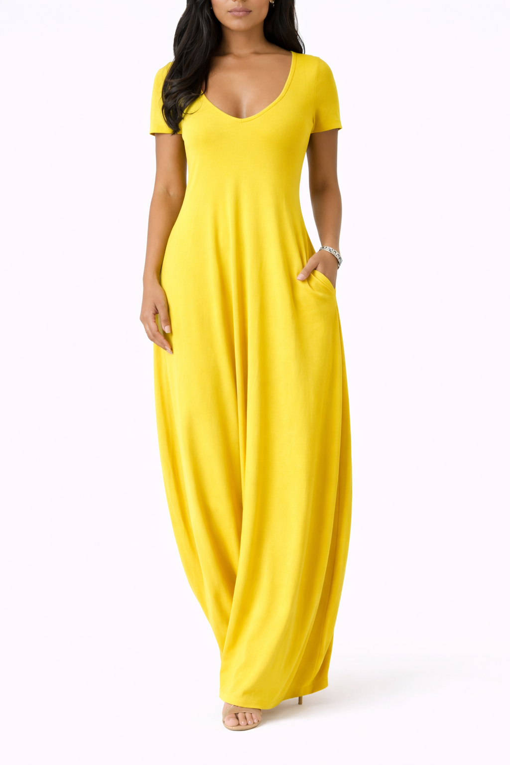 Women's Short Sleeve V Neck Maxi Dress With Side Pockets