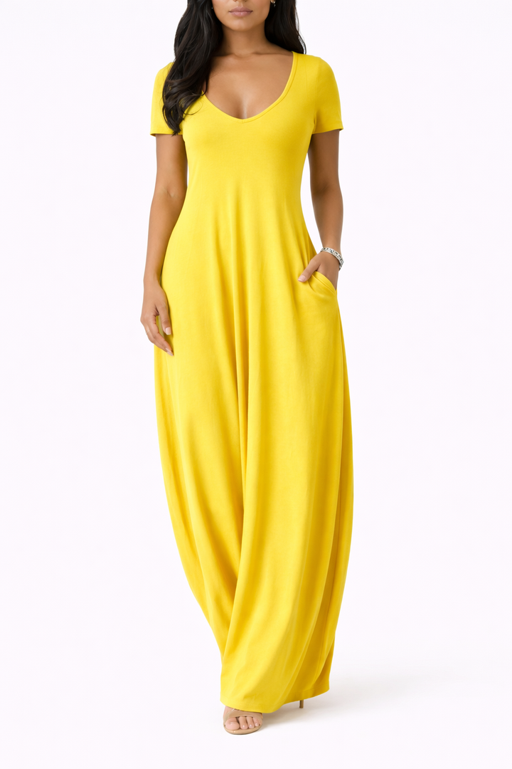 Women's Short Sleeve V Neck Maxi Dress With Side Pockets