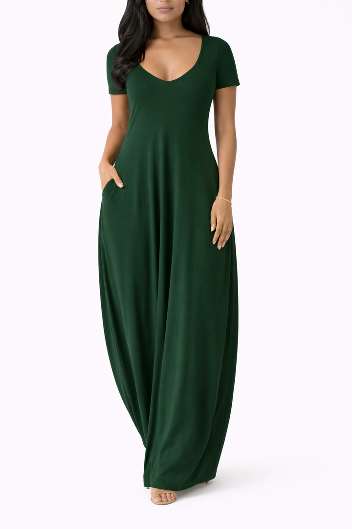 Women's Short Sleeve V Neck Maxi Dress With Side Pockets