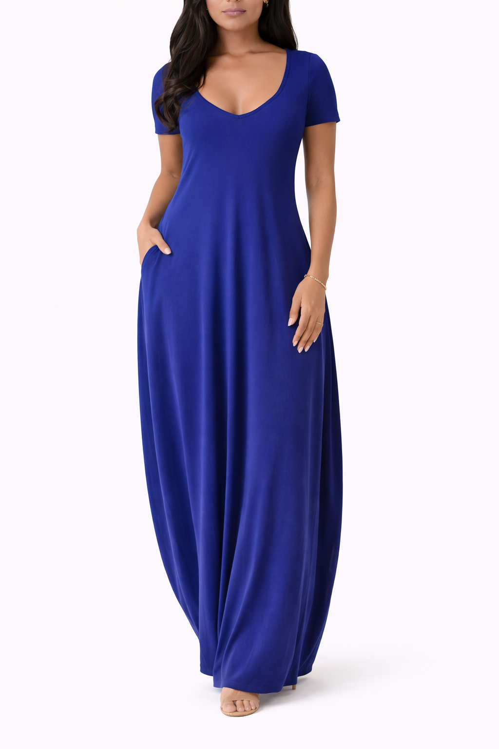 Women's Short Sleeve V Neck Maxi Dress With Side Pockets