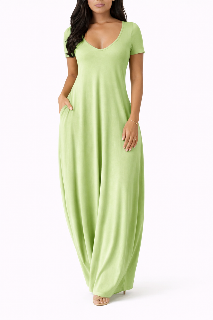 Women's Short Sleeve V Neck Maxi Dress With Side Pockets