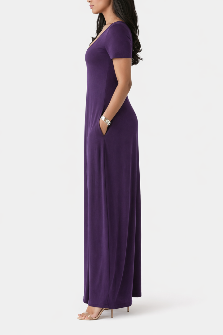 Women's Short Sleeve V Neck Maxi Dress With Side Pockets