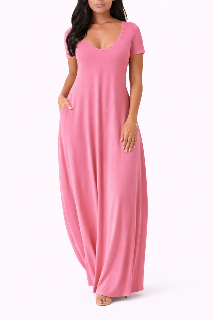 Women's Short Sleeve V Neck Maxi Dress With Side Pockets