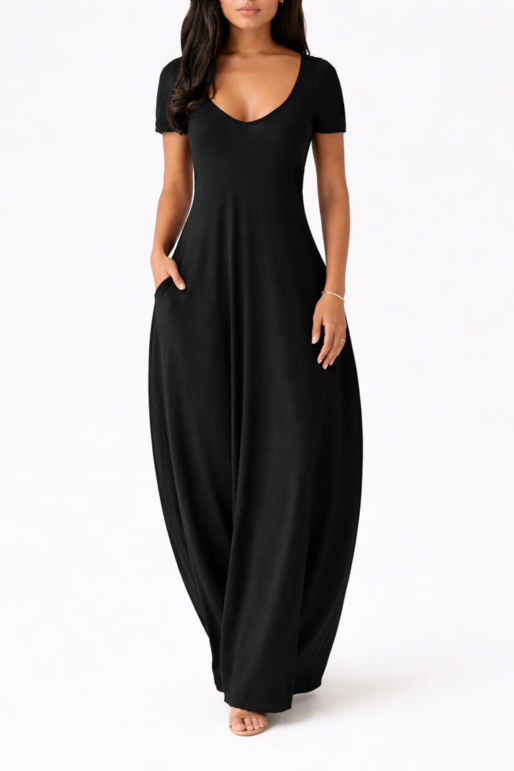 Women's Short Sleeve V Neck Maxi Dress With Side Pockets