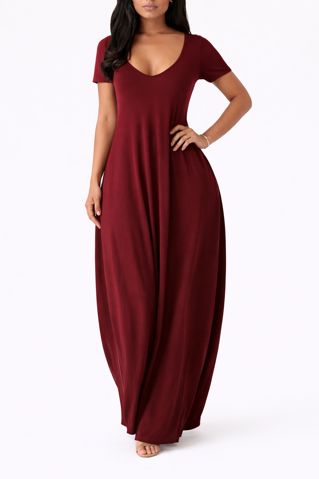 Women's Short Sleeve V Neck Maxi Dress With Side Pockets