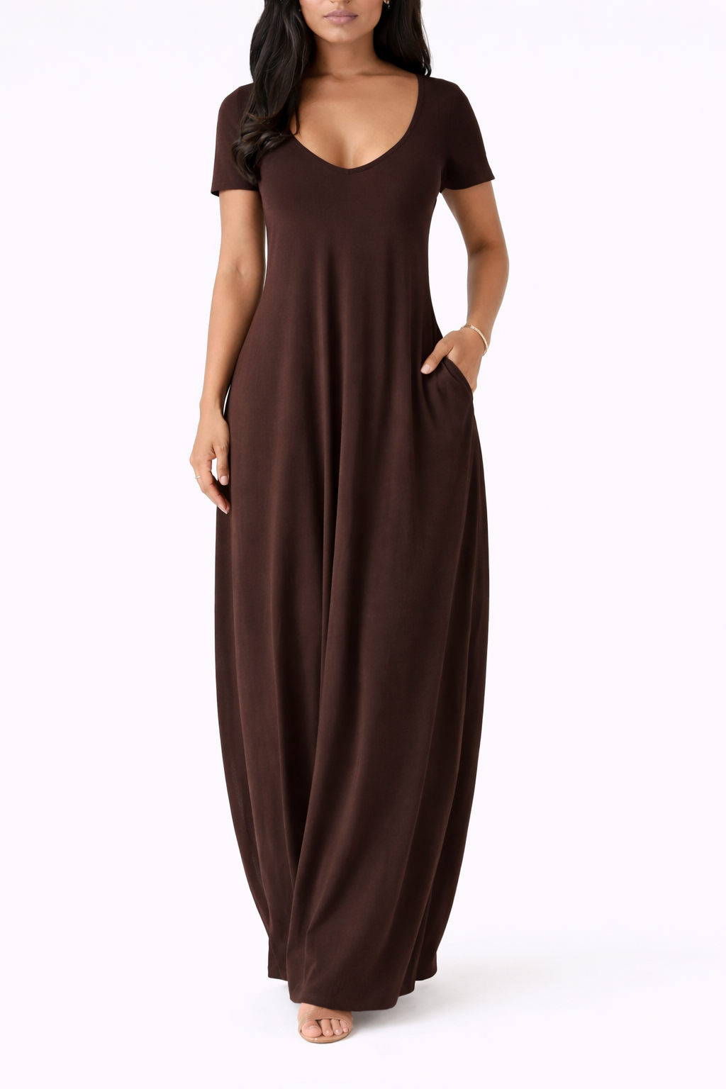 Women's Short Sleeve V Neck Maxi Dress With Side Pockets