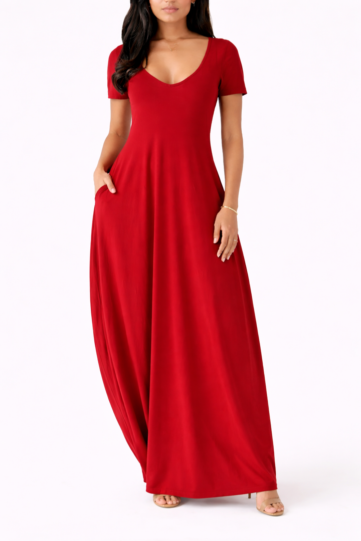 Women's Short Sleeve V Neck Maxi Dress With Side Pockets
