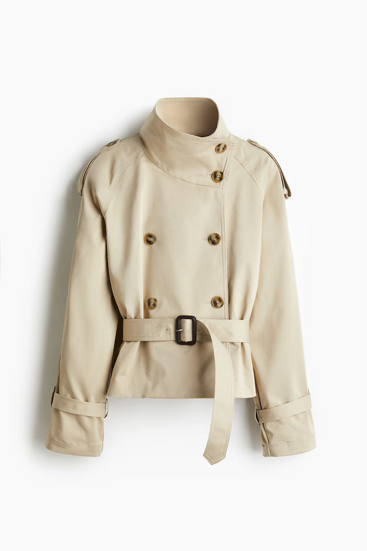 Women's Short Trench Jacket with Double Button Front and Waist Belt