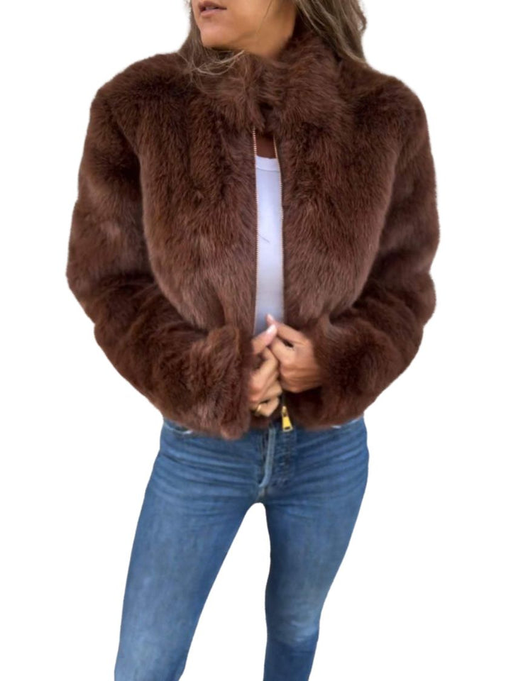 Women's Short Zip Front Winter Jacket with High Collar