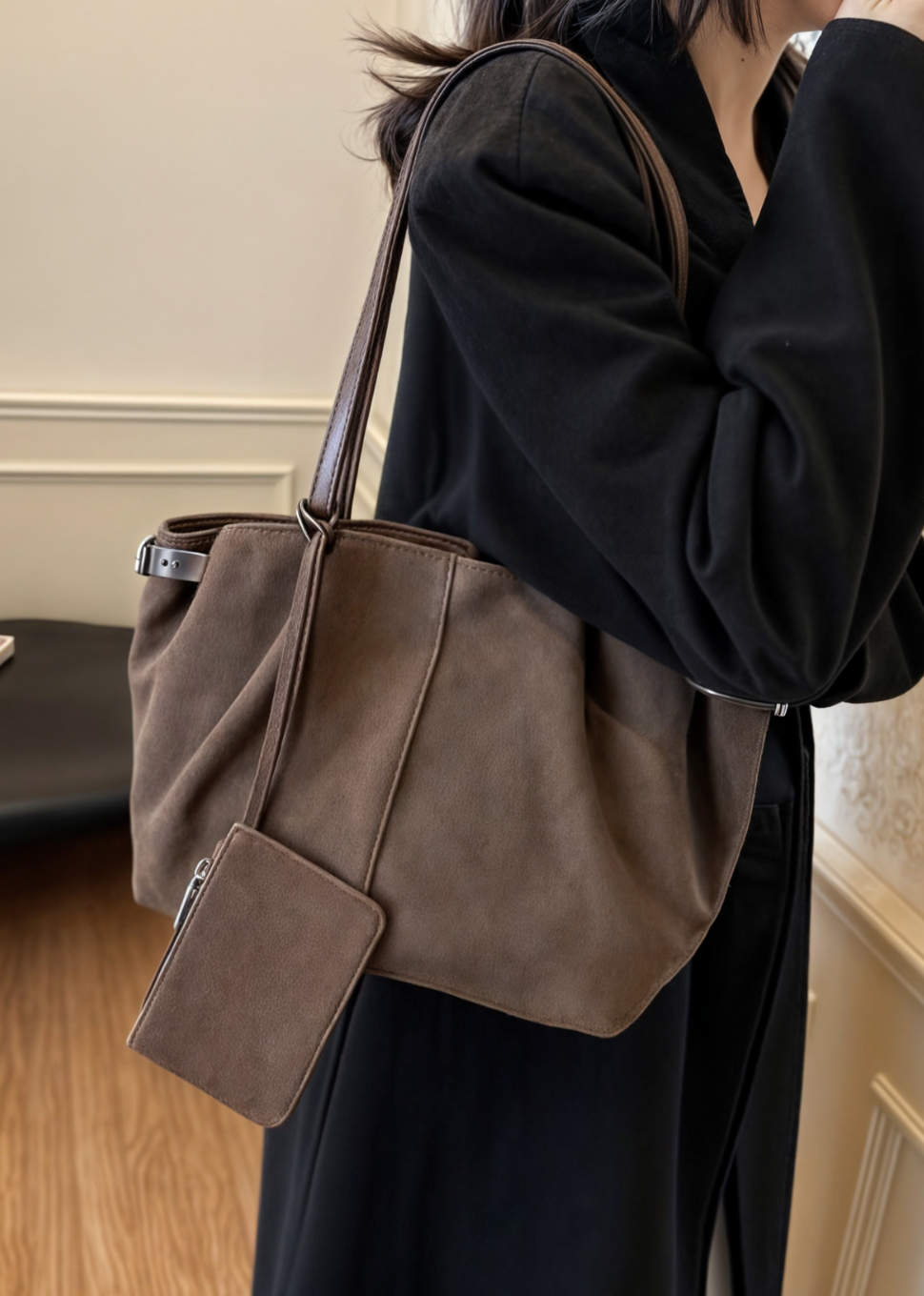 Women's Shoulder Tote Bag with Double Handles and Small Pouch