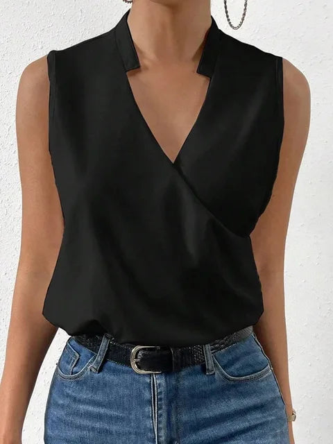 Women's Sleeveless Blouse with V Neck and Wrap Front Design