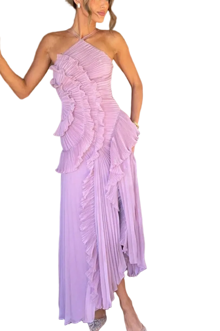 Women’s Sleeveless Halter Backless Ruffled Maxi Wedding Guest Dress