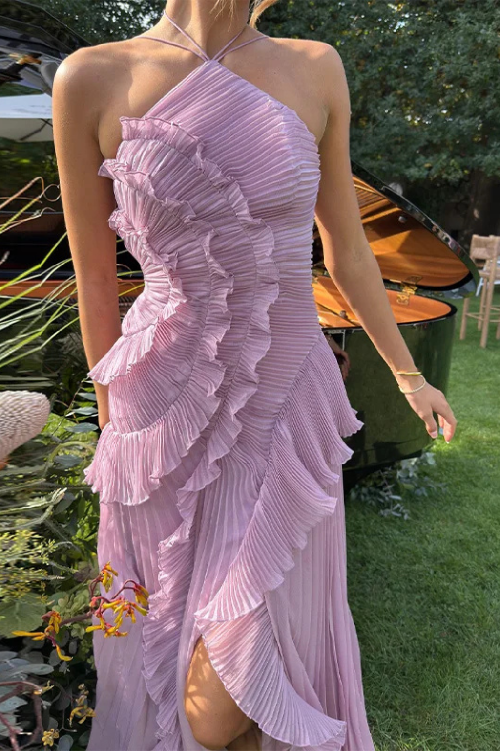 Women’s Sleeveless Halter Backless Ruffled Maxi Wedding Guest Dress